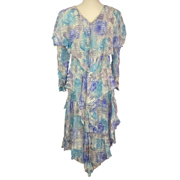 100% Silk Layered Dress S Vintage Long Sleeve Rosette Flowy V-Neck Blue Gray - Picture 11 of 11